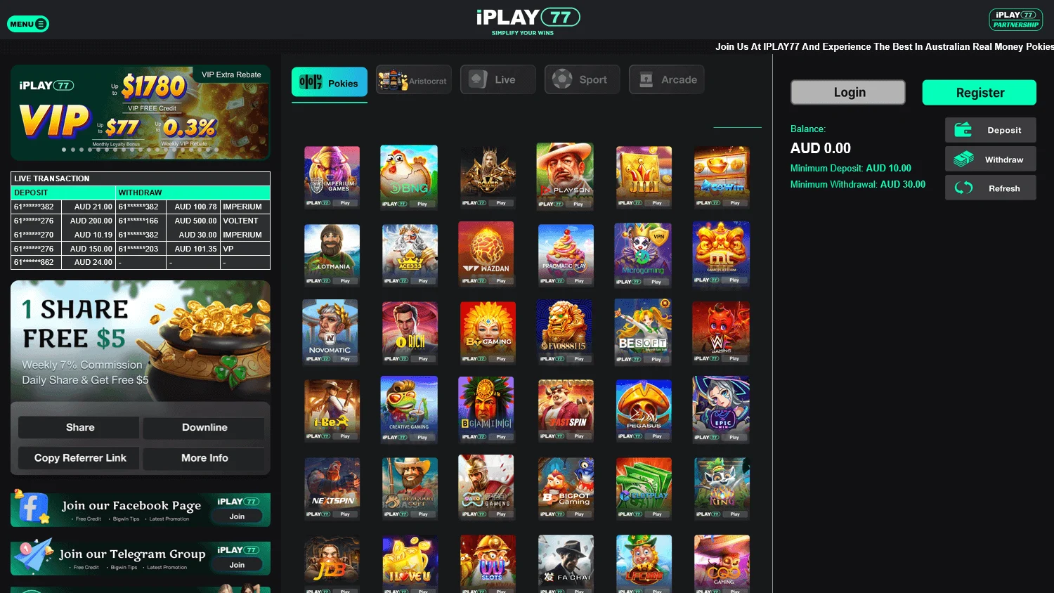 Iplay77 Casino desktop home interface with AUD casino options