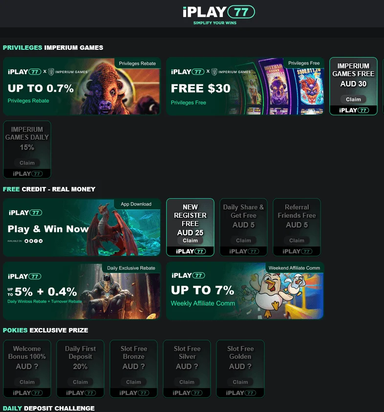 Iplay77 Casino desktop promotions interface with bonus and free spins offers