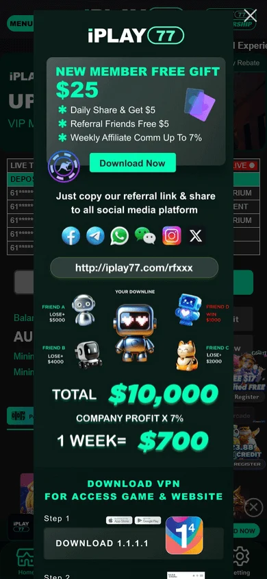 Iplay77 Casino mobile home interface adapted for a smaller screen