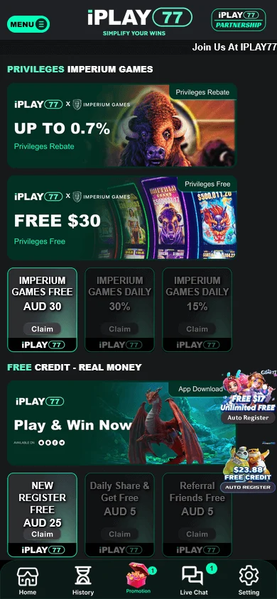 Iplay77 Casino mobile promotions interface with available promotional offers